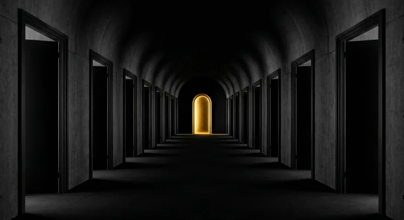 Infinite loop of dark doorways with one glowing gold symbolizing OCD repetitive thought patterns